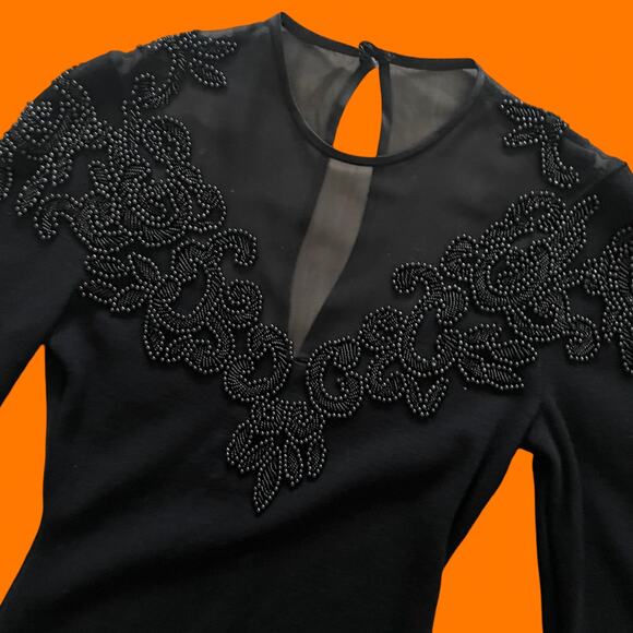 90's vintage black wool blend high neck mesh beaded bodycon mini dress SMALL - Picture 2 of 7
